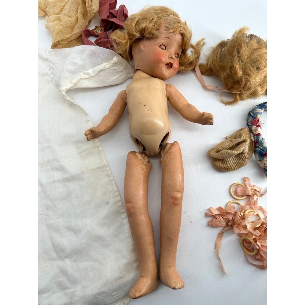 Antique 1930s Composition Doll Sleep Eyes Wig Clothes TLC Parts Restoration 13"
